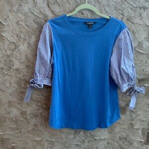 Ralph Lauren Feminine Blue Blouse 3/4 Sleeves Career Preppy Striped Sleeves Bows